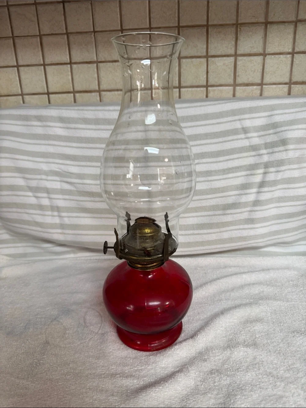 Vintage Ruby Red Glass Oil Lamp with Clear Chimney NO CRACKS